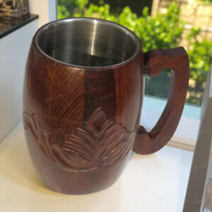 Woodino Sheesham Wood Hand-Carved Mug with Steel Lining | Coffee, Tea, Juice, Cold Drink Cup | Natural Wooden Drinkware