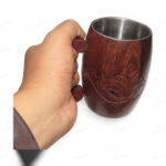 Woodino Sheesham Wood Hand-Carved Mug with Steel Lining | Coffee, Tea, Juice, Cold Drink Cup | Natural Wooden Drinkware