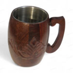 Woodino Sheesham Wood Hand-Carved Mug with Steel Lining | Coffee, Tea, Juice, Cold Drink Cup | Natural Wooden Drinkware