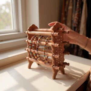 "Handcrafted Wooden Sheesham Bangle Stand with White Inlay – 8 Rod Foldable Jewelry Organizer for Women by Woodino"