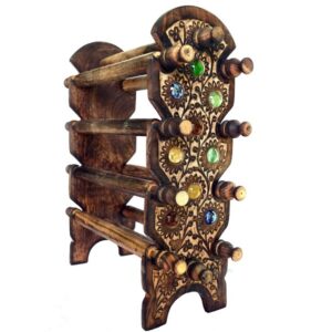 Display your jewelry in royal style with Woodino’s antique mango wood bangle stand. Hand-carved with colorful gem inlay, 8 rods, and a folding design — perfect for gifting or wardrobe use.