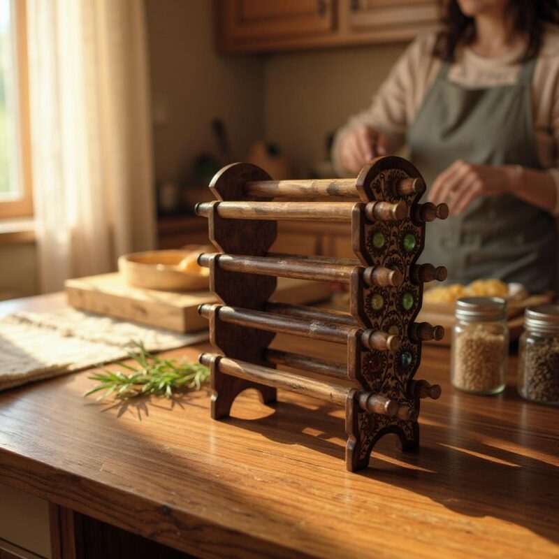 Display your jewelry in royal style with Woodino’s antique mango wood bangle stand. Hand-carved with colorful gem inlay, 8 rods, and a folding design — perfect for gifting or wardrobe use.