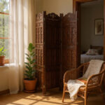 Woodino 4-Fold Sheesham Wood Room Divider – Handcrafted Wooden Partition Screen with Peacock Design | Heavy Duty Folding Panel for Home & Office Décor