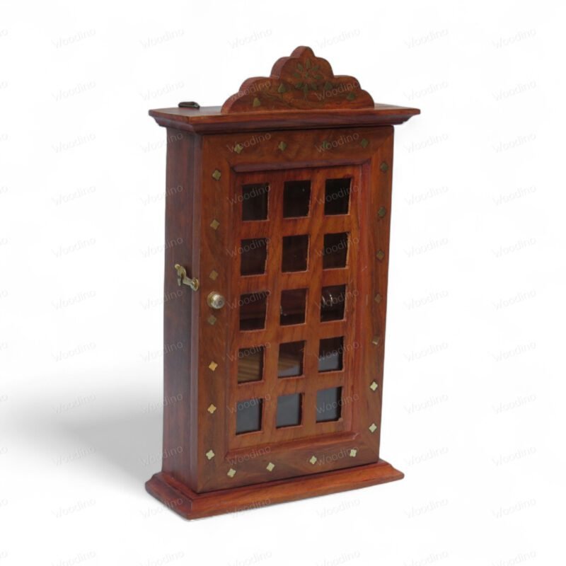 Woodino Sheesham Wood Wall Key Holder Box – Handcrafted Almirah Design with Brass Inlay, Vintage Wooden Key Cabinet, Wall Hanging Organizer, 11x6.5x2.5 Inch – Brown