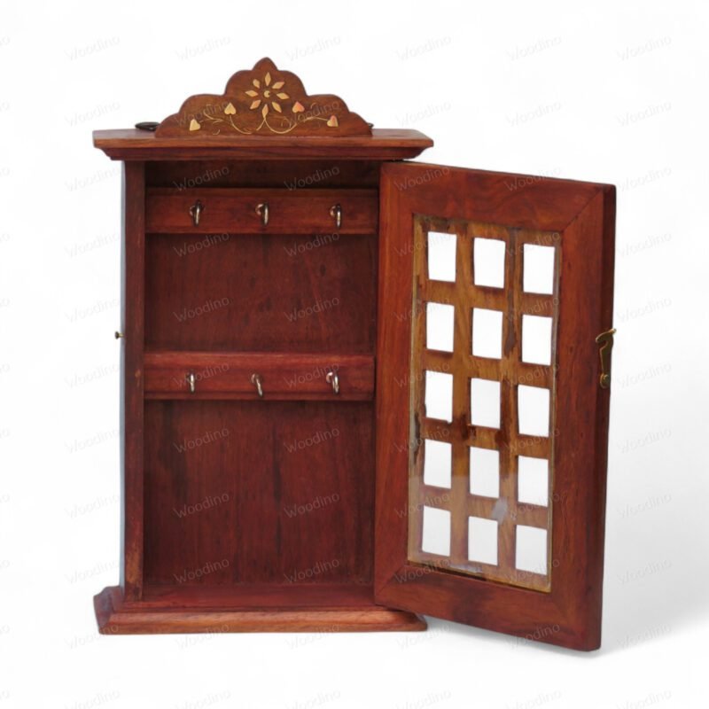 Woodino Sheesham Wood Wall Key Holder Box – Handcrafted Almirah Design with Brass Inlay, Vintage Wooden Key Cabinet, Wall Hanging Organizer, 11x6.5x2.5 Inch – Brown