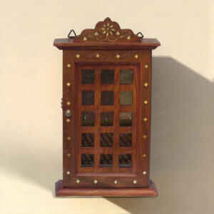 Woodino Sheesham Wood Wall Key Holder Box – Handcrafted Almirah Design with Brass Inlay, Vintage Wooden Key Cabinet, Wall Hanging Organizer, 11x6.5x2.5 Inch – Brown