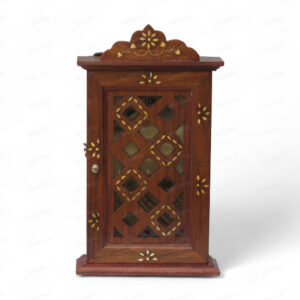 Woodino Sheesham Wood Wall Key Holder Box – Handcrafted Almirah Design with Brass Inlay, Vintage Wooden Key Cabinet, Wall Hanging Organizer, 11x6.5x2.5 Inch – Brown