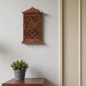 Woodino Sheesham Wood Wall Key Holder Box – Handcrafted Almirah Design with Brass Inlay, Vintage Wooden Key Cabinet, Wall Hanging Organizer, 11x6.5x2.5 Inch – Brown
