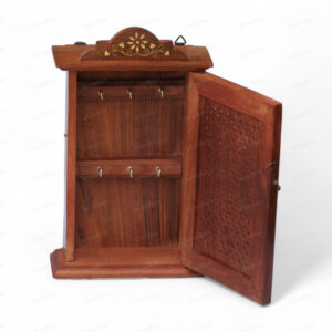 Woodino Sheesham Wood Wall Key Holder Box – Handcrafted Almirah Design with Brass Inlay, Vintage Wooden Key Cabinet, Wall Hanging Organizer, 11x6.5x2.5 Inch – Brown