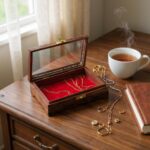 Woodino Sheesham Wood Jewellery Box – 8x5 Inch Brass Inlay & Carving | Mirror Vanity Multipurpose Decorative Storage Organizer