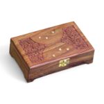 Woodino Sheesham Wood Jewellery Box – 8x5 Inch Brass Inlay & Carving | Mirror Vanity Multipurpose Decorative Storage Organizer