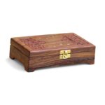 Woodino Sheesham Wood Jewellery Box – 8x5 Inch Brass Inlay & Carving | Mirror Vanity Multipurpose Decorative Storage Organizer