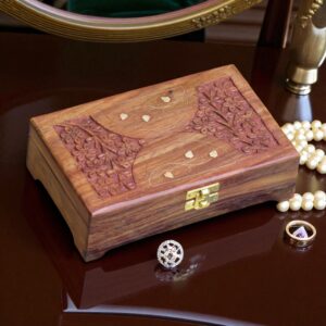 Woodino Sheesham Wood Jewellery Box – 8x5 Inch Brass Inlay & Carving | Mirror Vanity Multipurpose Decorative Storage Organizer