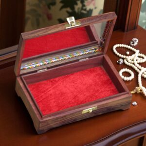 Woodino Sheesham Wood Jewellery Box – Brass Inlay & Carving | Mirror Vanity Multipurpose Decorative Storage Organizer (8x5 Inch)