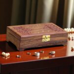 Woodino Sheesham Wood Jewellery Box – 8x5 Inch Brass Inlay & Carving | Mirror Vanity Multipurpose Decorative Storage Organizer