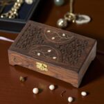 Woodino Sheesham Wood Jewellery Box – 8x5 Inch Brass Inlay & Carving | Mirror Vanity Multipurpose Decorative Storage Organizer