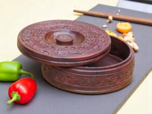 Handcrafted Wooden Casserole for Roti –  Round Roti Box with Lid & full Carving (8 inch )