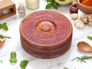 Handcrafted Wooden full carving Casserole with Lid –  Sheesham Wood Roti Box for Chapati, Puri & Paratha ( 9 INCH )