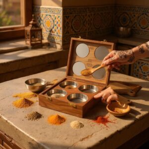 Woodino Sheesham Wood Dry Fruit Box with Brass Inlay – 4 Steel Bowl Compartments | Handcrafted Wooden Snack Box, Spice Container with Transparent Lid & Spoon for Kitchen & Gifting (8x8x2.75 inches)