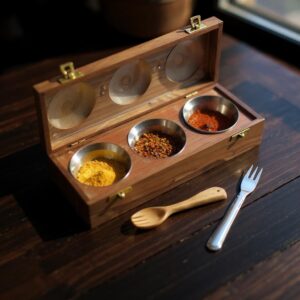 Wooden Dry Fruit Box with Brass Inlay – Sheesham Wood 3 Compartment Snack & Spice Storage Box with Transparent Lid (12x4x2.75)