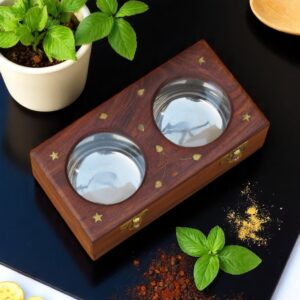 Wooden Dry Fruit Box with Brass Inlay – Sheesham Wood 2 Compartment Snack & Spice Storage Box with Transparent Lid