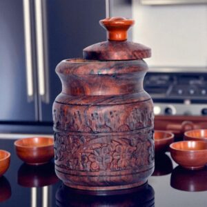 Wooden Stand Storage Salt Box, Spice & Sugar Jar – Sheesham Wood 5x3.5 Inch with Brass Inlay Work