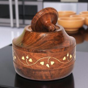 Sheesham Wood Salt Box & Spice Jar with Stand – 3x4 Inch Brown Container with White Inlay Work