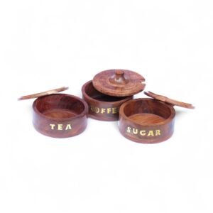 Solid Wood Spice & Tea Storage Jar – Round Wooden Container for Sugar, Coffee & Seasonings (5x2 Inch, Pack of 3)