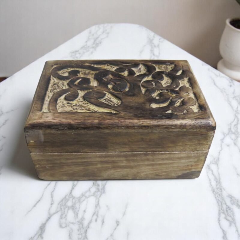 Woodino Mango Wood Small Jewellery Box – Carving Work with Antique Vintage Finish