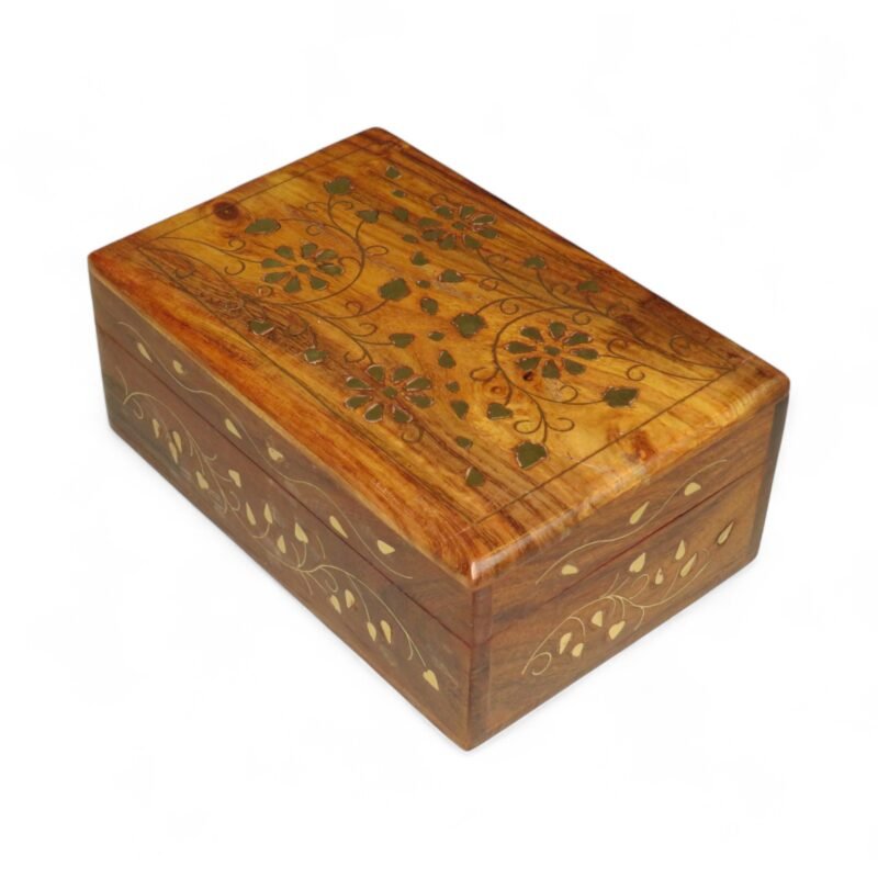 Woodino Sheesham Wood Jewellery Box – 6x4 Inch Brass Inlay Multipurpose Handcrafted Storage Box