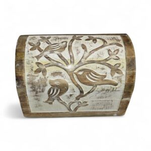 Wooden mango wood jewellery box, trinket, multipurpose organiser, half round top, birds engraving, carving handicraft work