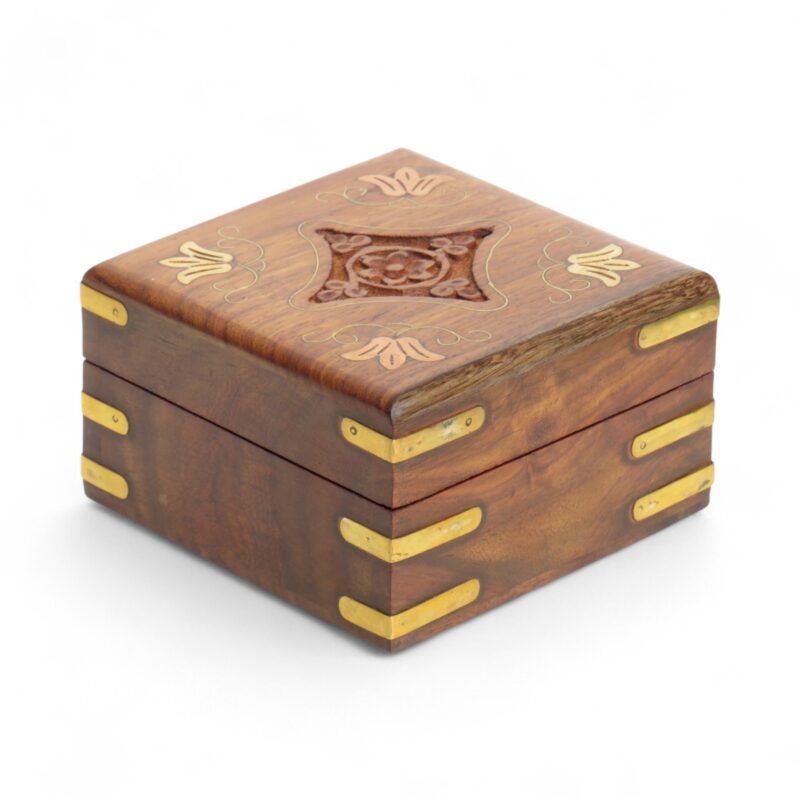 WPE205 (4)-Photoroom Woodino Sheesham Wood Jewellery Box 4x4 Inch | Copper Inlay with Brass Corners | Handcrafted Carving Multipurpose Organizer