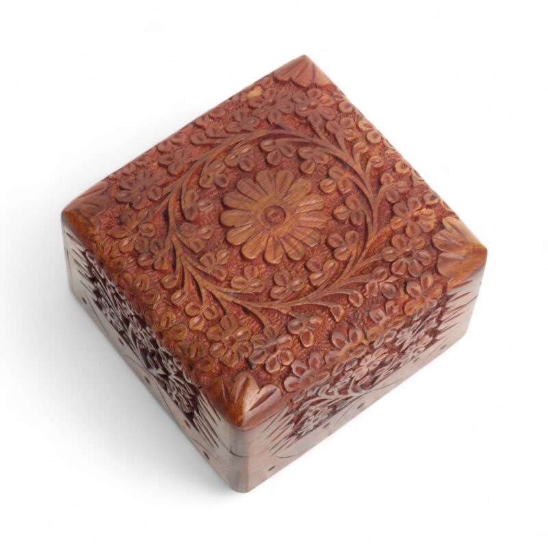 Woodino Woodino Sheesham Wood Jewellery Box – Small Hand Carved Floral Design