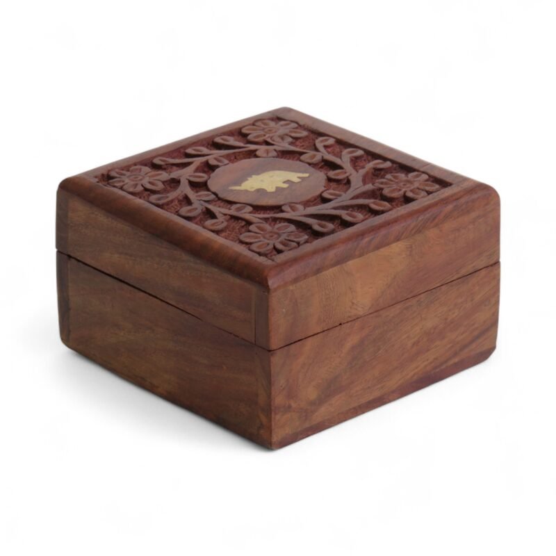WPE216 (2)-Photoroom Woodino Sheesham Wood Jewellery Box – 4x4 Inch Hand Carved Elephant Embossed Multipurpose Box