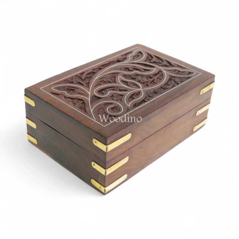 WPE225-Photoroom Woodino Sheesham Wood Jewellery Box with White Wire Inlay | Handcrafted Carving Multipurpose Organizer