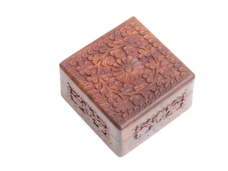 Woodino Woodino Sheesham Wood Jewellery Box – Small Hand Carved Floral Design
