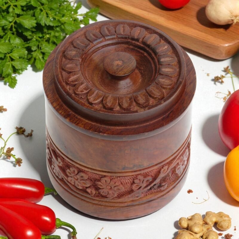 Woodino Sheesham Wood Carved Jar – 6x4 Inch Handcrafted Wooden Container for Snacks, Dry Fruits, Pickles & Multipurpose Storage