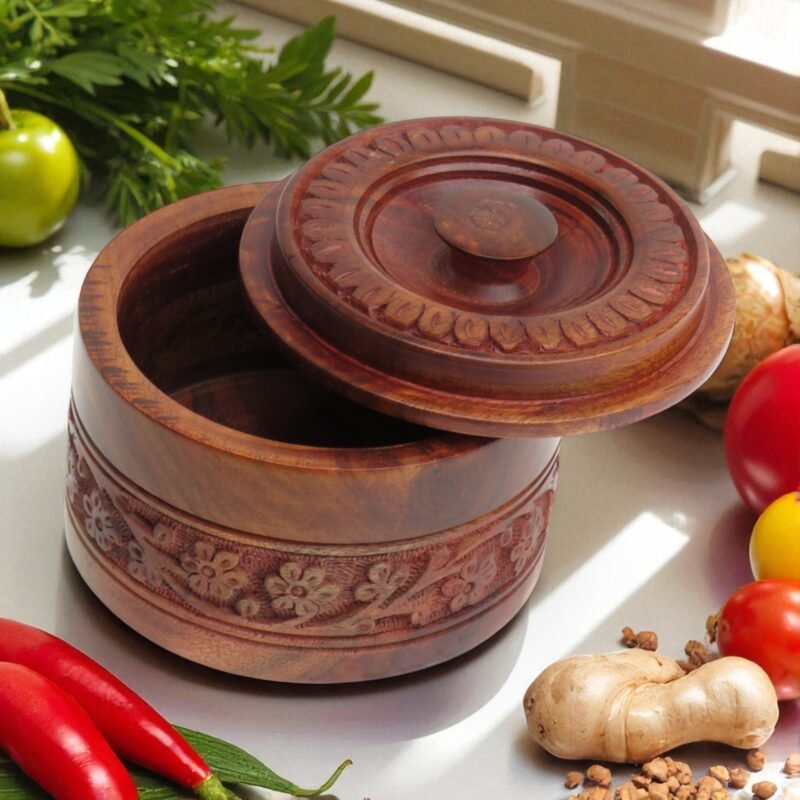 Woodino Sheesham Wood Carved Spice & Pickle Container – 5x3 Inch Handcrafted Multipurpose Sugar Jar