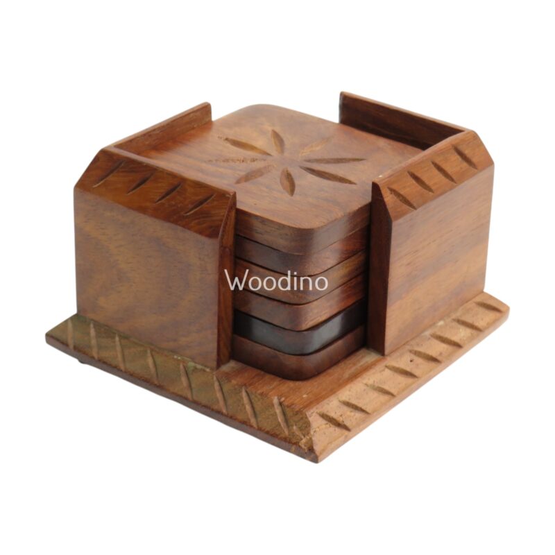 Woodino Wooden Coaster Set of 6 with Stand beautiful carving work – Dining & Coffee Table Coasters
