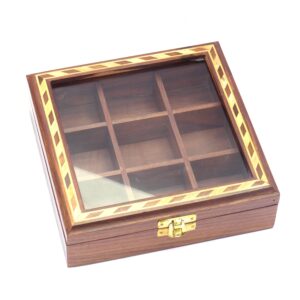 Sheesham Wood Spice Box with Spoon – 9 Compartments Masala Dabba Organizer for Kitchen | Handmade Wooden Storage Box (Brown)