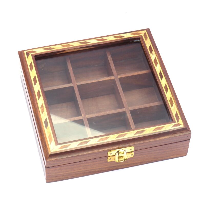 Woodino Sheesham Wood Spice Box with Spoon – 9 Compartments Masala Dabba Organizer for Kitchen | Handmade Wooden Storage Box (Brown)