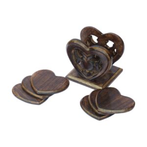 Woodino Wooden Heart Shape Coaster Set of 6 with Decorative Stand – Handcrafted Rosewood Brown Carved Tabletop Coasters