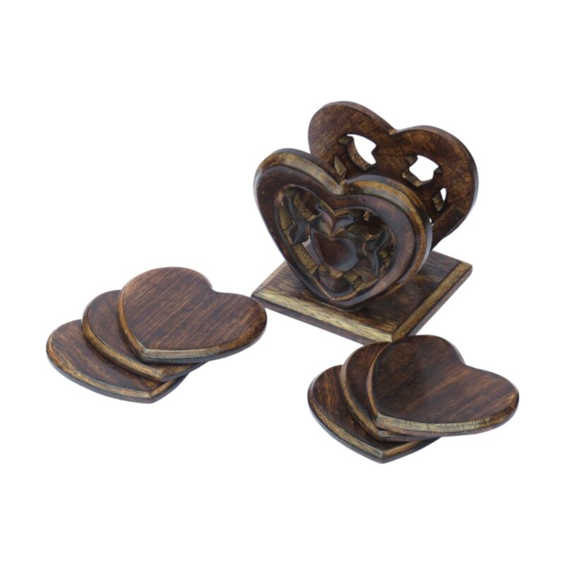 Woodino Woodino Wooden Heart Shape Coaster Set of 6 with Decorative Stand – Handcrafted Rosewood Brown Carved Tabletop Coasters