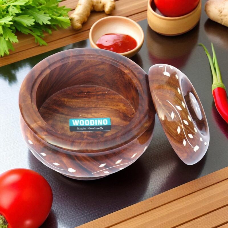 Woodino Sheesham Wood Storage Bowl with Lid – 6 Inch White Inlay Handcrafted Container