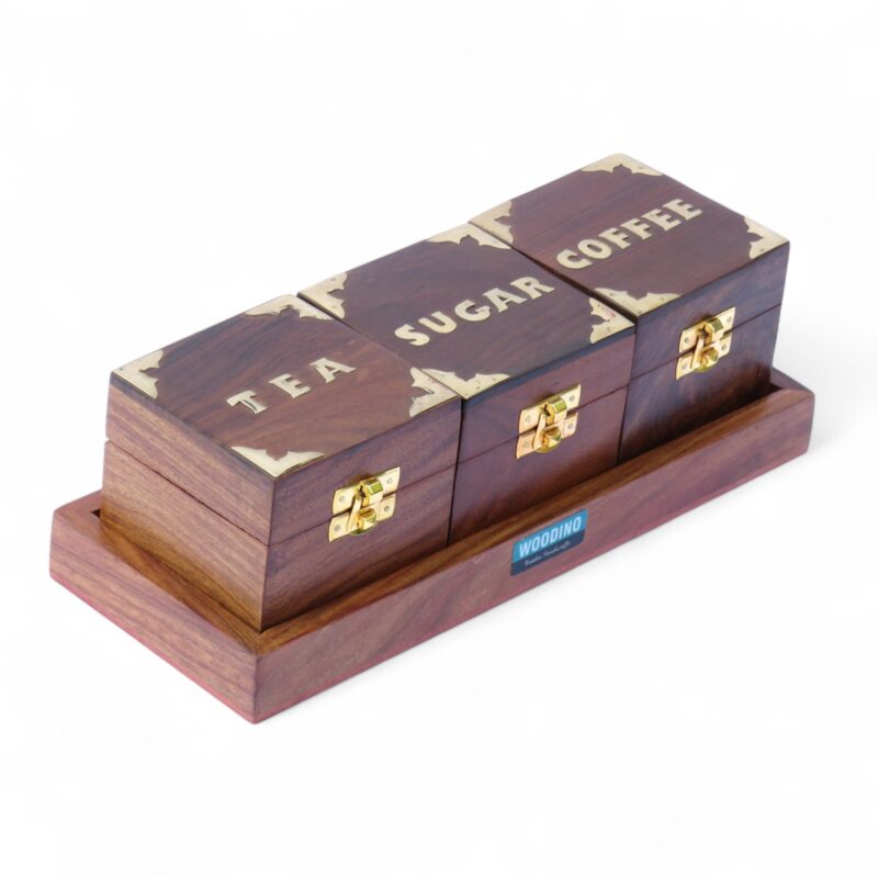 Woodino Sheesham Wood Sugar Tea Coffee Containers with Tray – 3x3 Inch Brass Embossed Canisters