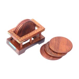 Six Wooden Coaster Set craving flower pattern– 6 Tea Coasters for Dining & Coffee Tables brass inlay work on stand