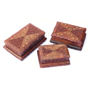 Sheesham Wood Box Set of 3 – Handcrafted Framed Boxes with Carving & Brass Inlay Work | Wooden Jewellery & Multipurpose Organizer (8x5) ( 7x5) (6x4 ) inch