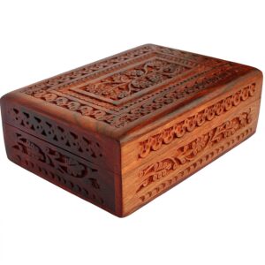 Sheesham Wood Jewellery Box – Full Handcarved Mughal Design Multipurpose Wooden Organizer & Gift Box (8x5 Inch)