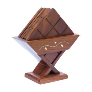 Woodino Sheesham Wooden Square Coaster Set of 5 with Carved Design & Decorative Stand – 8x8 cm Brown Table Coasters