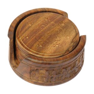 Woodino Wooden Round Carved Coaster Set of 6 with Stand – Handcrafted Dining & Kitchen Table Coasters (3 Inch Diameter)